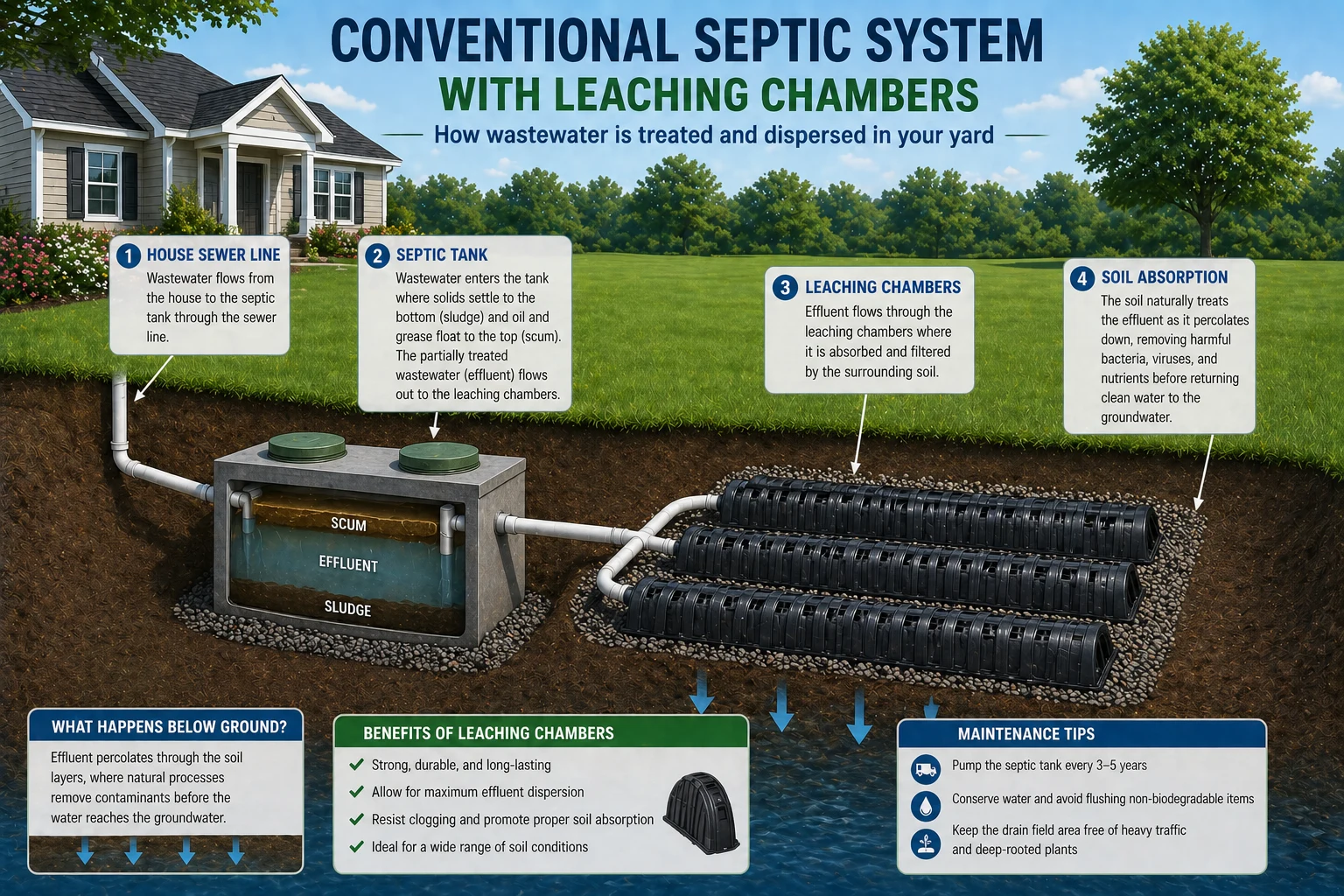 Cutaway illustration of a conventional septic system with a tank feeding buried leaching chambers under a lawn